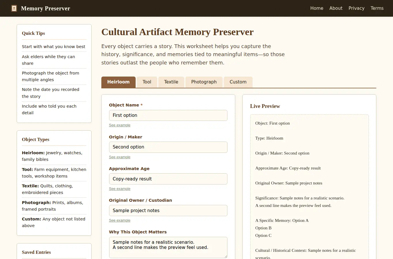 Screenshot of Cultural Artifact Memory Preserver interface showing the project page in use